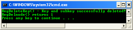 Deleting Registry Key with Subkeys Program Example: A sample console program output in action, deleting registry key and subkey
