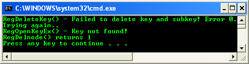 Deleting Registry Key with Subkeys Program Example: A sample console program output in action, deleting registry key and subkey that does not exist