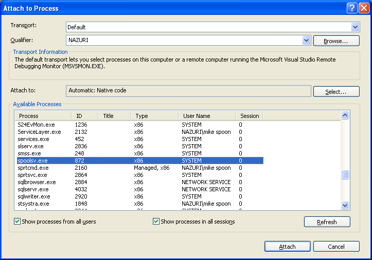 Debugging: Attach to Process page