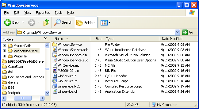 The generated files seen through Windows explorer after the compile and linking steps