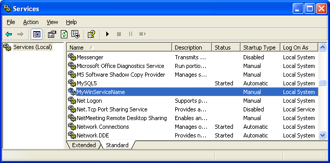 Verifying the service installation using Windows Services snap-in