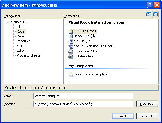 Windows services example: Adding new C++ source file for C++ source code to the existing C++ project