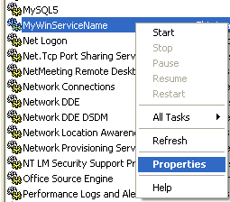 Invoking the Windows services properties page