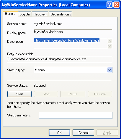 The Windows services property page
