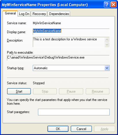 Running and Testing the Windows Service Configuration Application: Verification through Windows services property's page
