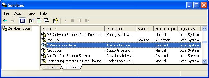 Running and Testing the Windows Service Configuration Application: Do a verification through the Windows services property page