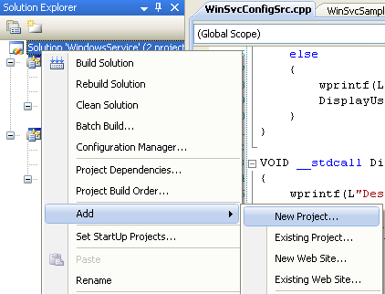 Adding New Project for Windows Service Control Application to the existing project