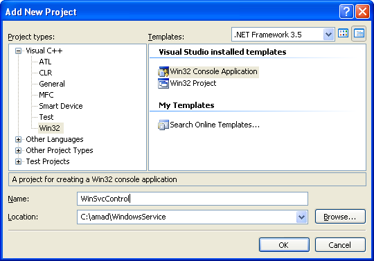 Adding New Project for Windows Service Control Application: Creating new Win32 C++ console application project in Visual C++ .NET