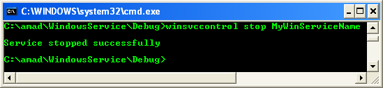 Running and Testing the Windows Service Control Application: A sample console program output in action stoping a service