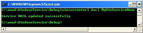 Running and Testing the Windows Service Control Application: A sample console program output in action, updating the DACL