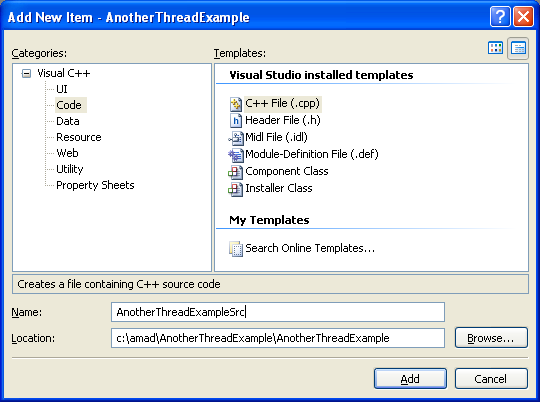Creating Threads Program Example: Adding new C++ source file for C++ source code to the existing C++ project