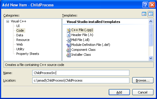 The Child Process Program Example: Adding new C++ source file for C++ source code to the existing C++ project
