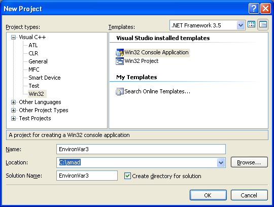 Environment Variables: Program Example 3 - Creating new Win32 C++ console application project in Visual C++ .NET