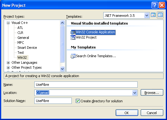 Using Fibers Program Example: Creating new Win32 C++ console application project in Visual C++ .NET