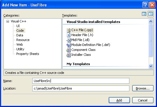 Using Fibers Program Example: Adding new C++ source file for C++ source code to the existing C++ project