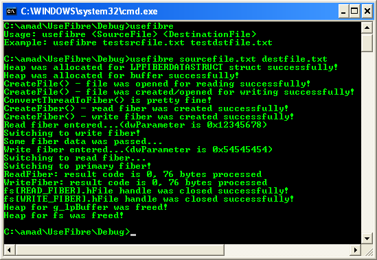 Using Fibers Program Example: A sample console program output in action