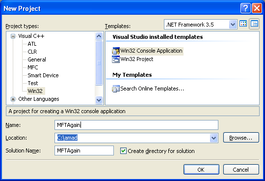 Listing the Deleted Files from Master File Table (MFT) - creating a new Win32 console mode application project