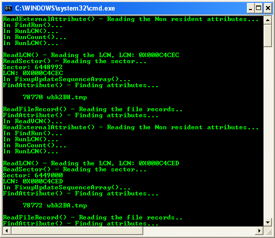 Listing the Deleted Files from Master File Table (MFT) - sample output showing the deleted files found in MFT