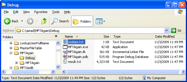 Listing the Deleted Files from Master File Table (MFT) - the recovered file stored under the project's Debug folder